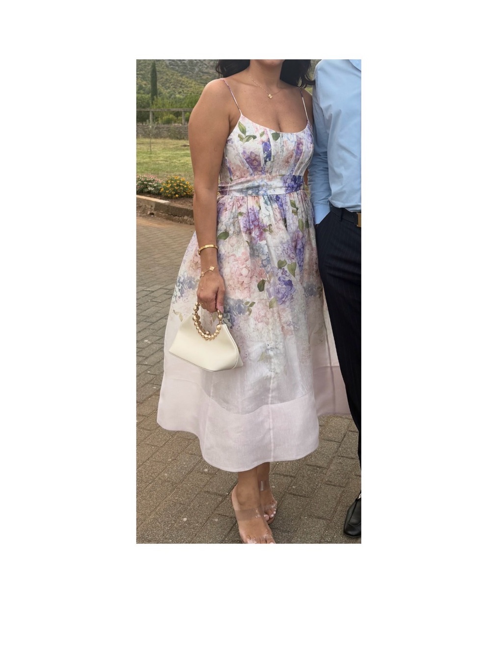 Zimmermann Pastel Floral Spaghetti-Strap Midi Dress in Pink and Lavender.